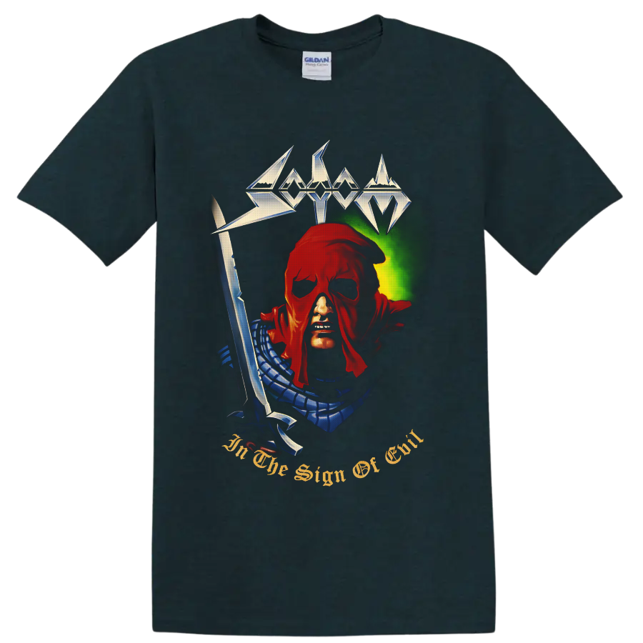 Sodom In the Sign of Evil hooded figure with sword and metallic logo artwork on a Midnight (Green) T Shirt