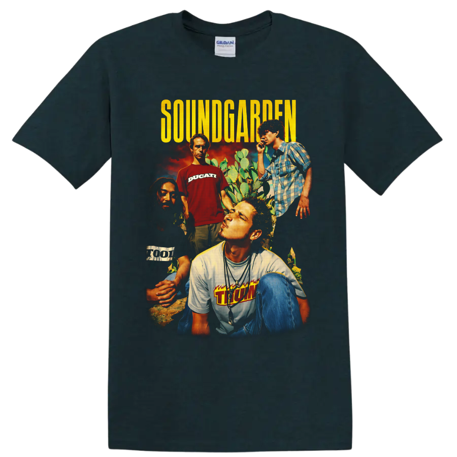 Soundgarden four-member desert portrait collage with distressed yellow lettering on a Midnight (Green) T Shirt