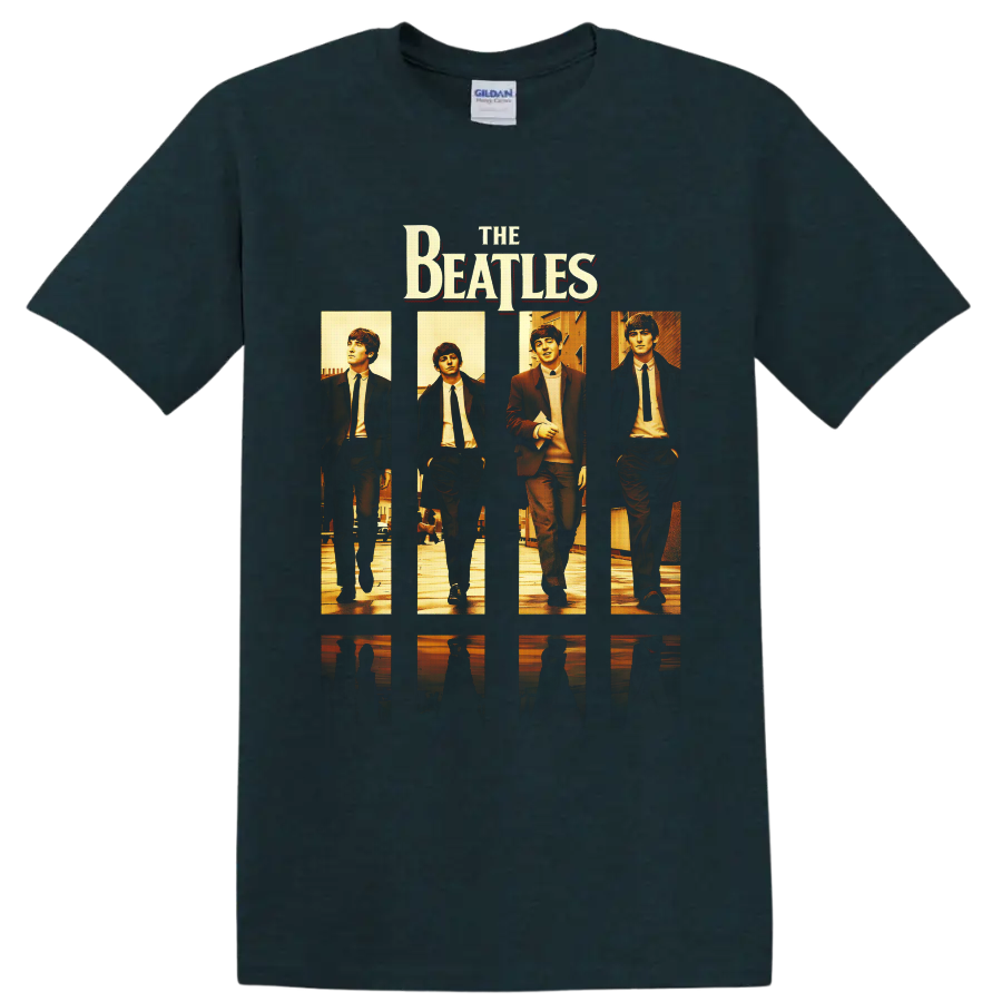 The Beatles four-panel warm-toned portraits with bold band lettering on a Midnight (Green) T Shirt