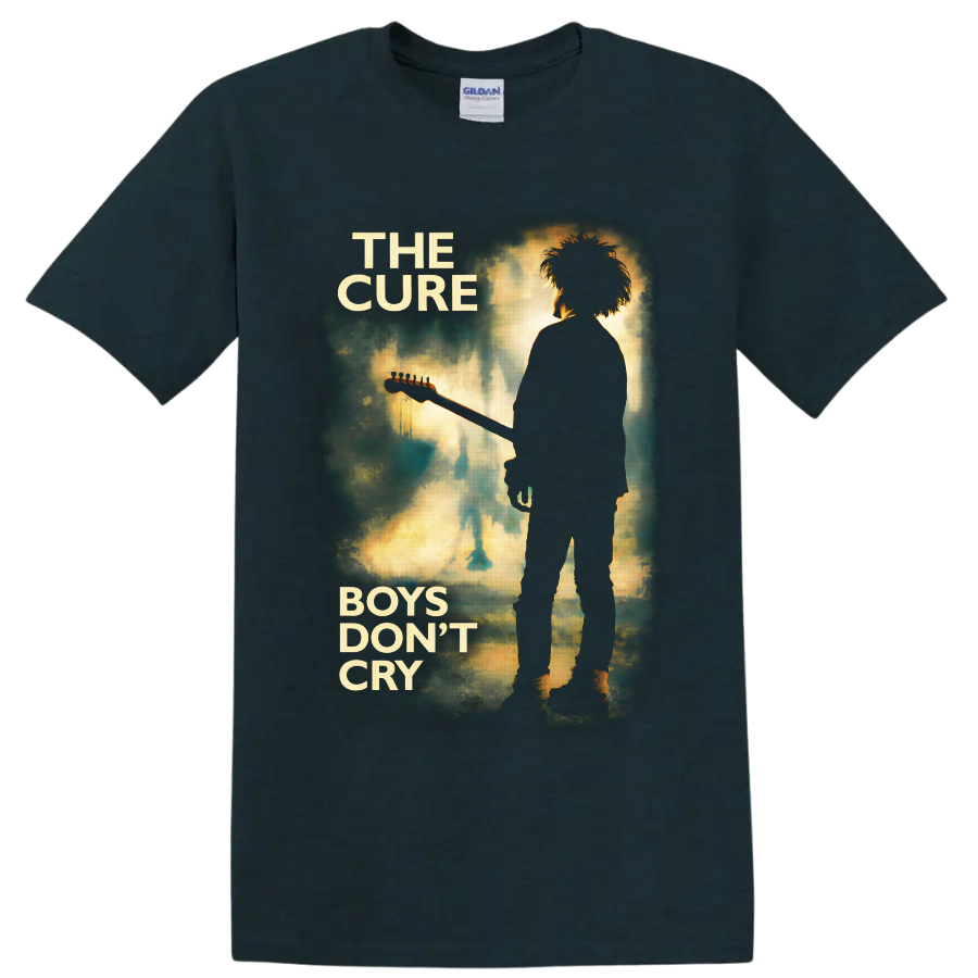 The Cure Boys Don't Cry guitarist silhouette in distressed teal and gold poster art on a Midnight (Green) T Shirt