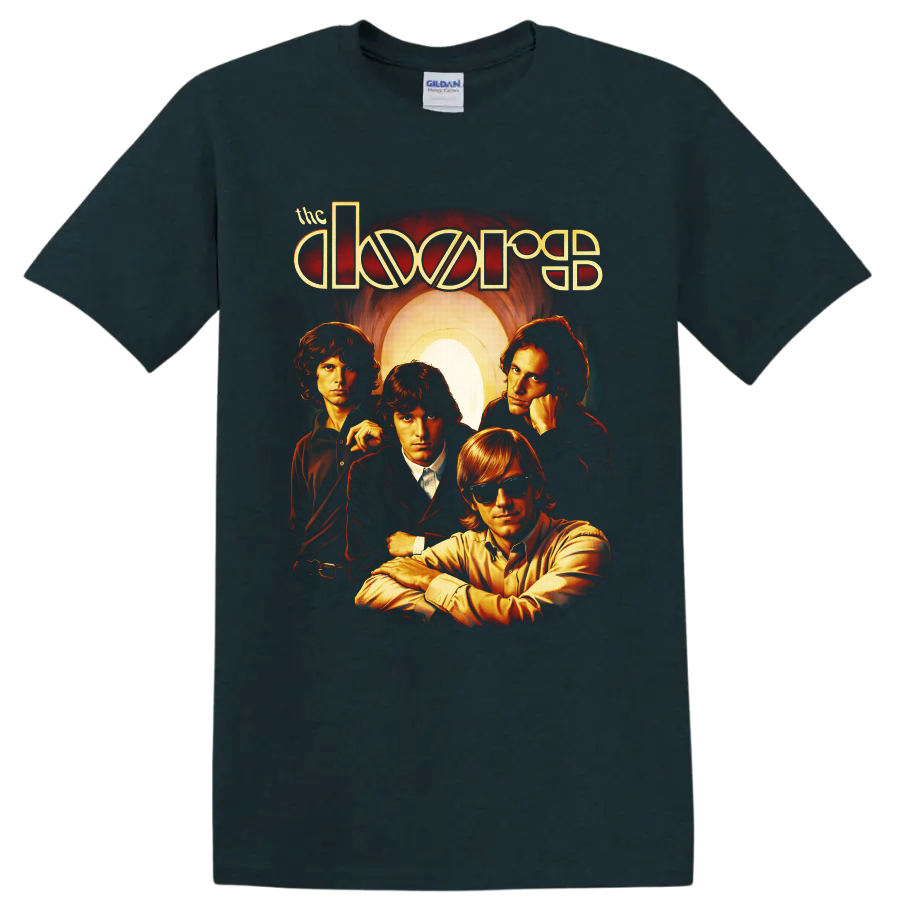 The Doors four-member retro portrait with glowing arch and stylized band lettering on a Midnight (Green) T Shirt