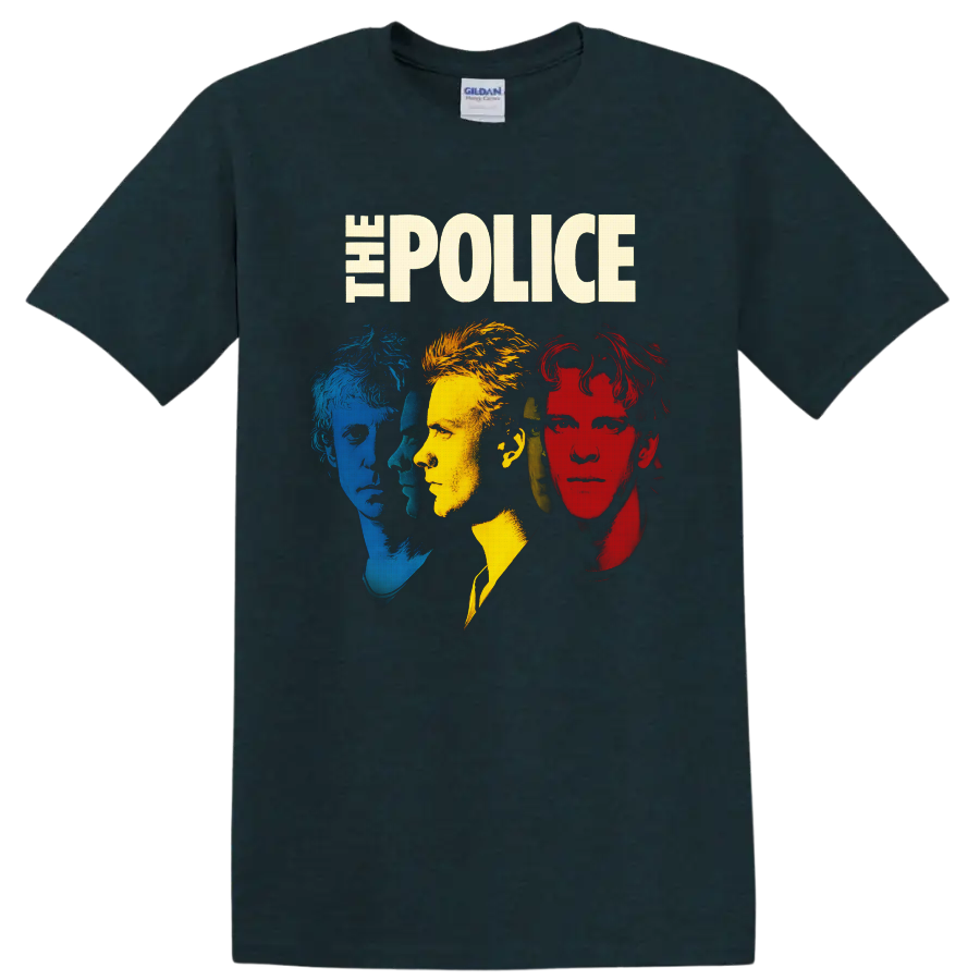 The Police portraits of Sting, Andy Summers, and Stewart Copeland in distressed pop art on a Midnight (Green) T Shirt