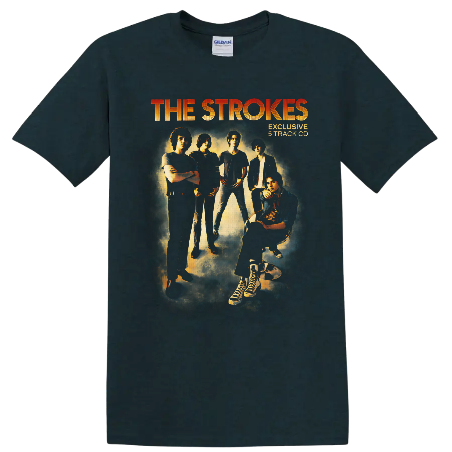 The Strokes group portrait with orange lettering in a smoky vintage rock poster style on a Midnight (Green) T Shirt