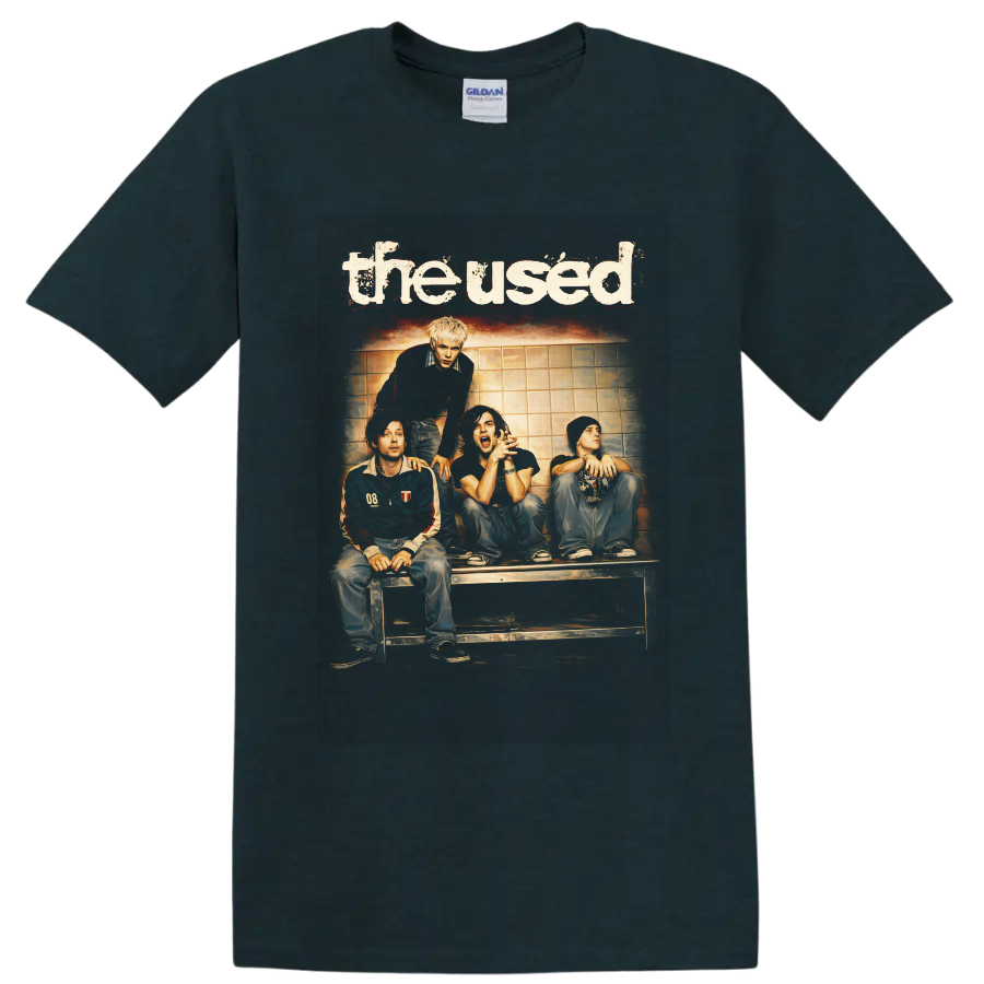 The Used four-member rock band portrait with distressed lettering and warm vintage photo on a Midnight (Green) T Shirt