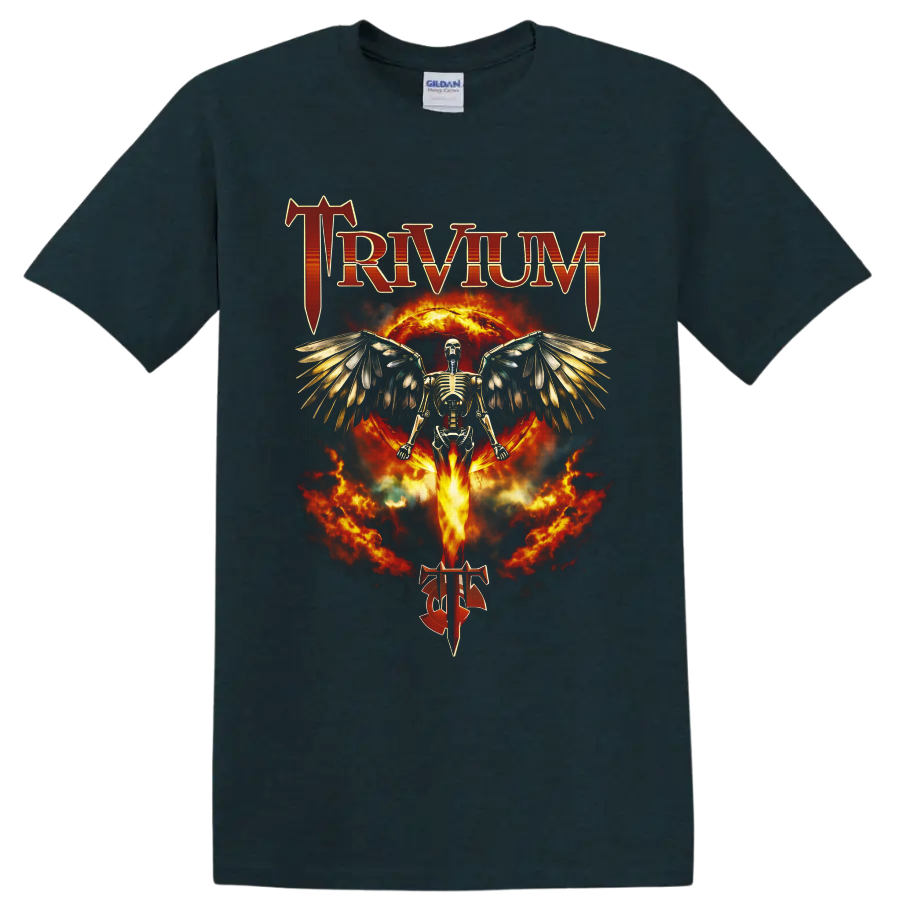 Trivium winged skeleton with fiery Ascendancy-inspired gothic artwork on a Midnight (Green) T Shirt