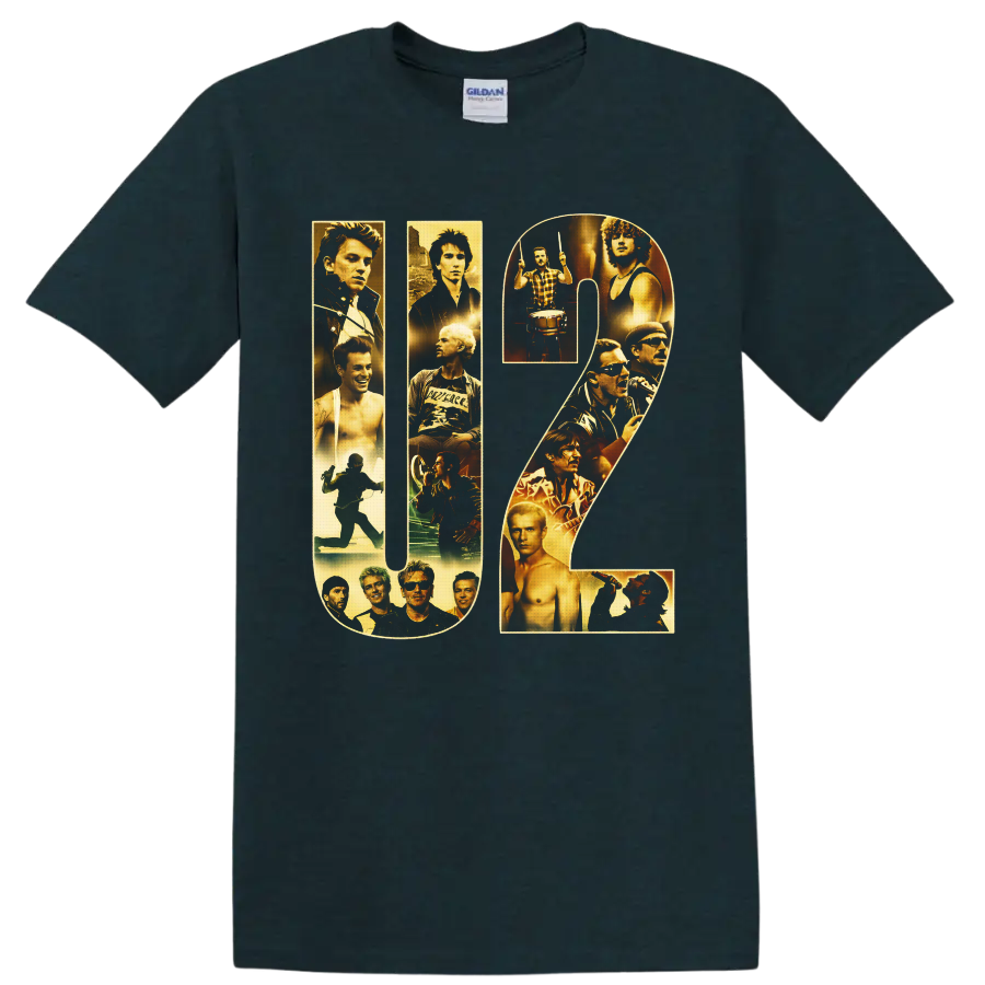 U2 letterforms filled with gold-toned band portraits, drummer, singer, and stage imagery on a Midnight (Green) T Shirt