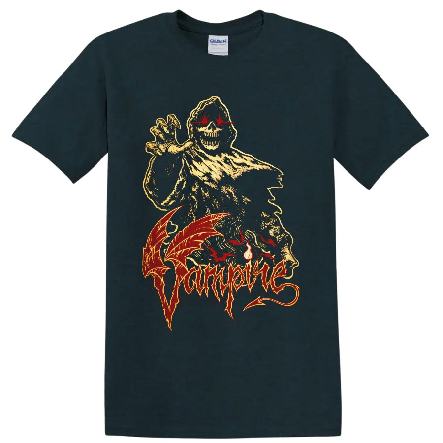 Vampire hooded skeleton with red bats and distressed gothic horror artwork on a Midnight (Green) T Shirt