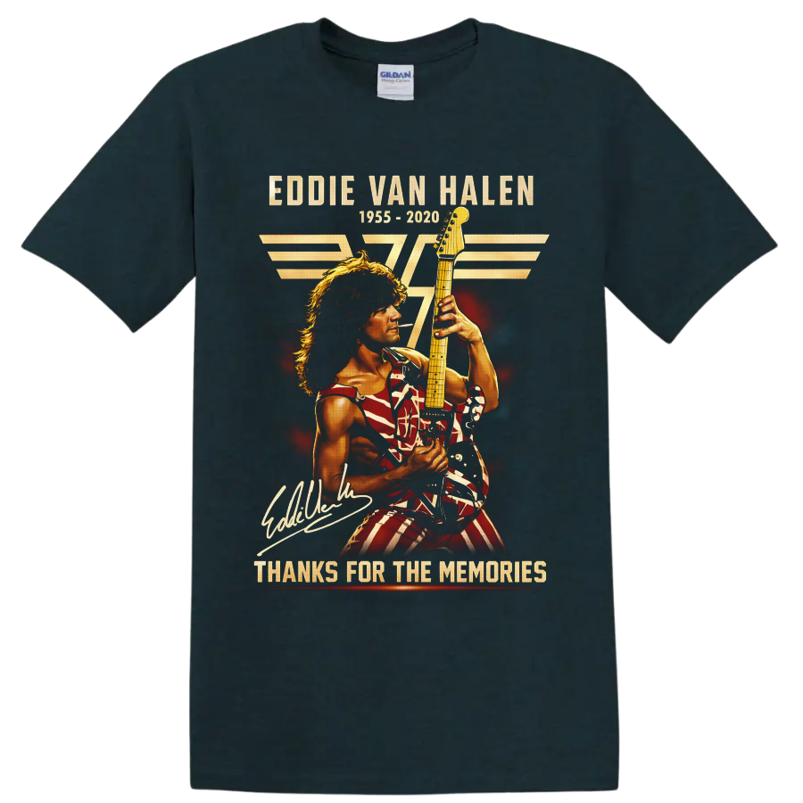 Eddie Van Halen memorial guitarist graphic with 1955–2020 and Thanks for the Memories on a Midnight (Green) T Shirt