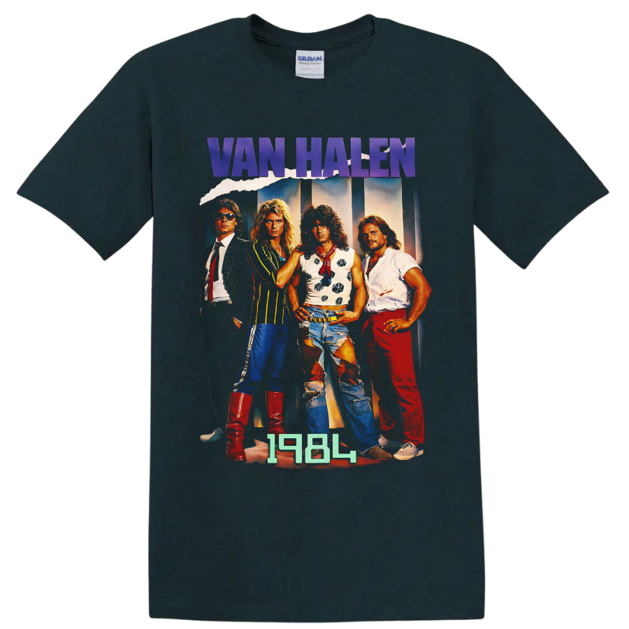 Van Halen 1984-era four-member rock band portrait with purple logo lettering on a Midnight (Green) T Shirt