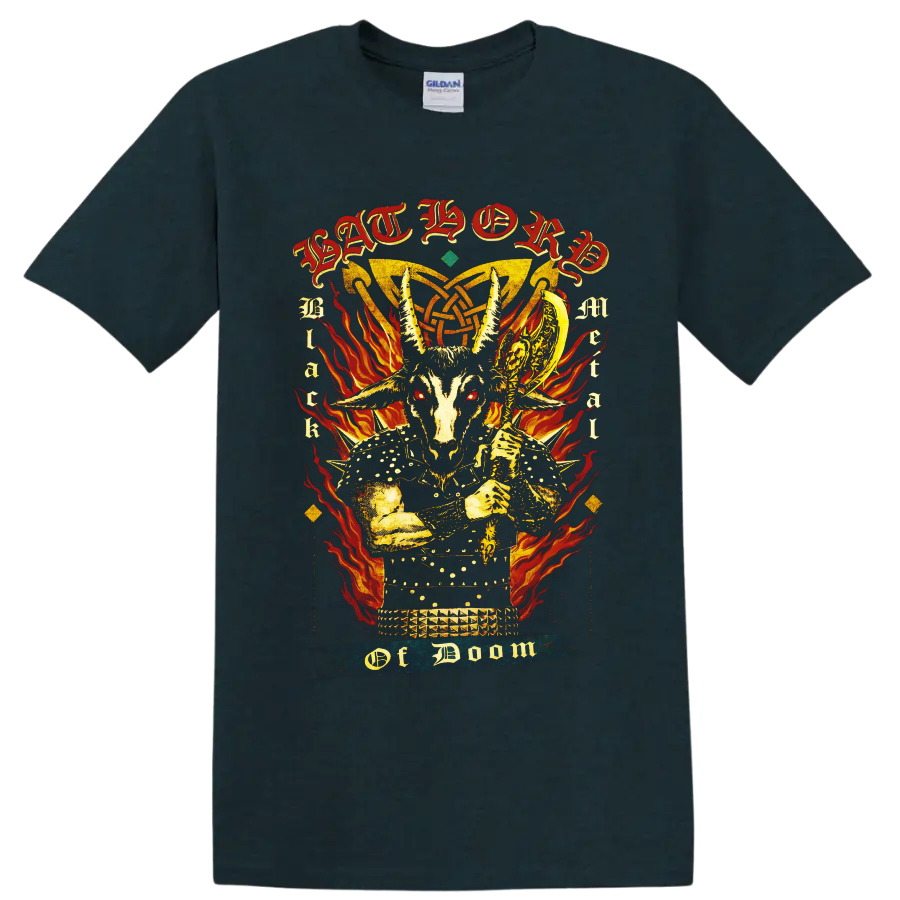 Bathory goat skull warrior with flames, occult knotwork, and gothic lettering on a Midnight (Green) T Shirt