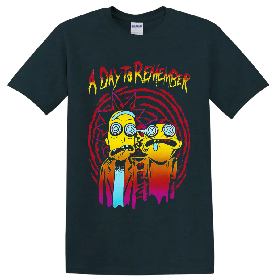 Rick and Morty trippy cartoon art with A Day To Remember distressed lettering on a Midnight (Green) T Shirt