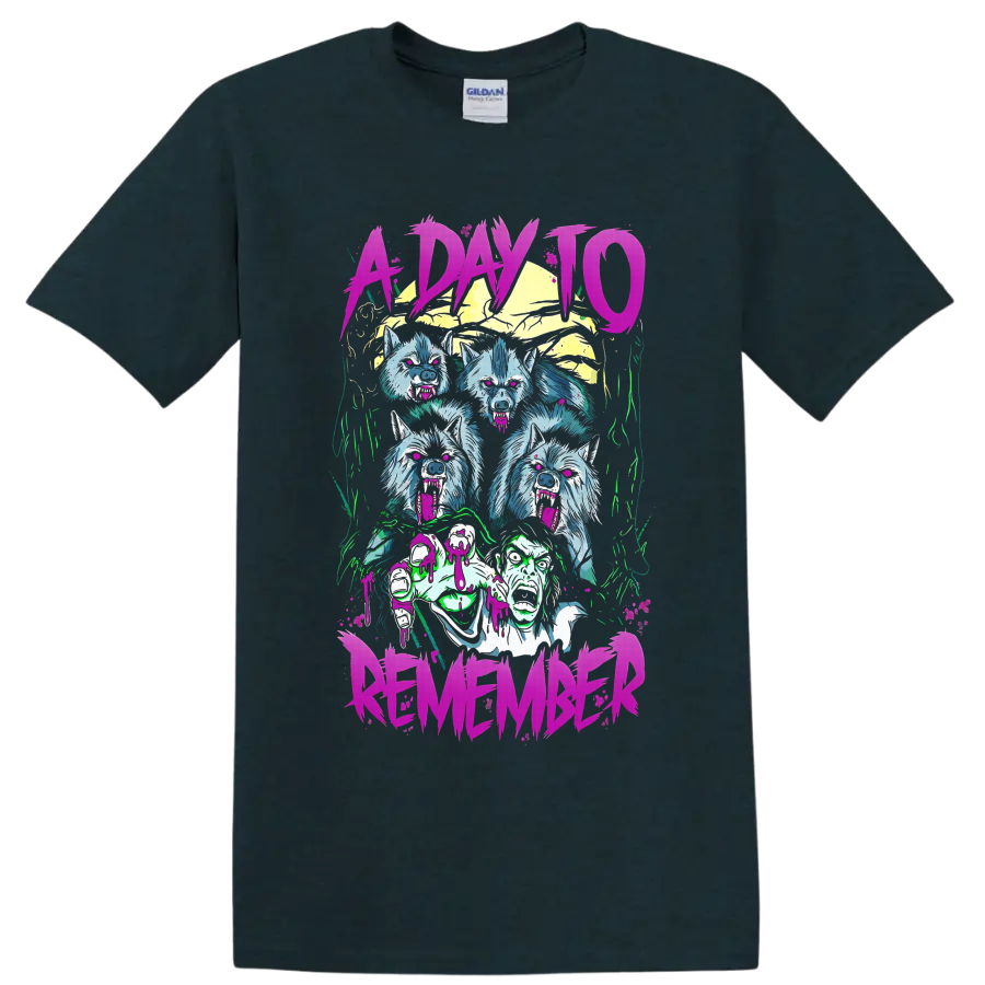 A Day To Remember neon horror graphic with snarling wolves, screaming faces, and pink on a Midnight (Green) T Shirt