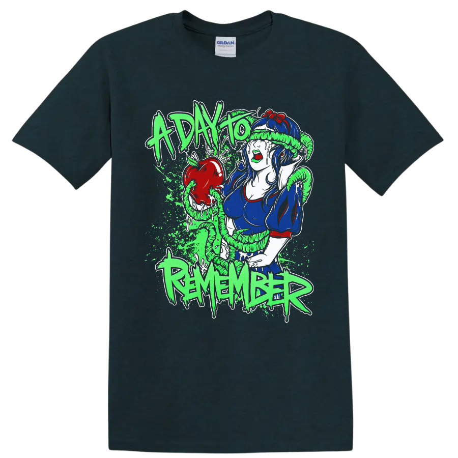 Snow White with red apple and green coils in A Day To Remember metalcore art on a Midnight (Green) T Shirt