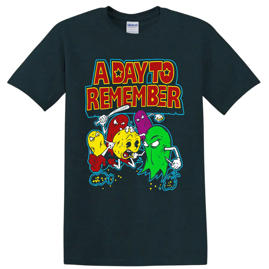 A Day To Remember lettering with colorful cartoon ghosts and distressed music art on a Midnight (Green) T Shirt