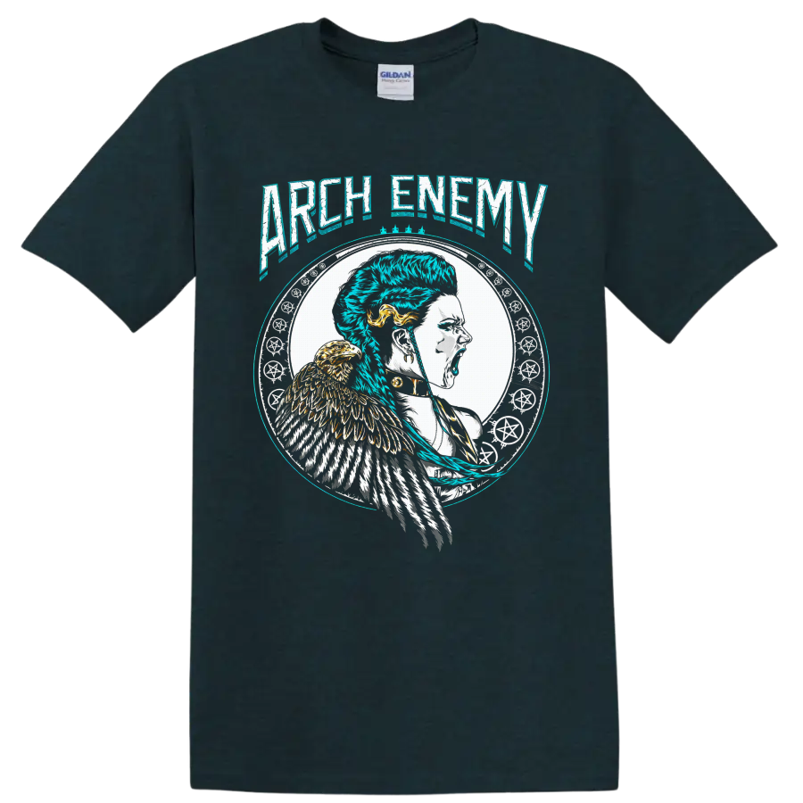 Arch Enemy Alissa White-Gluz warrior portrait with eagle and distressed gothic art on a Midnight (Green) T Shirt