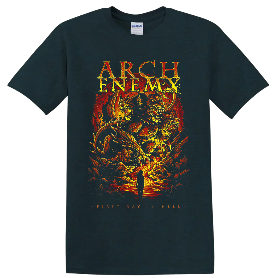 Arch Enemy First Day in Hell fiery skull creatures and distressed metal concert art on a Midnight (Green) T Shirt