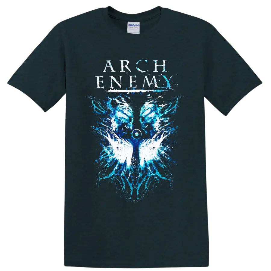 Arch Enemy distressed lettering above mirrored blue skulls, white wings, and electric on a Midnight (Green) T Shirt