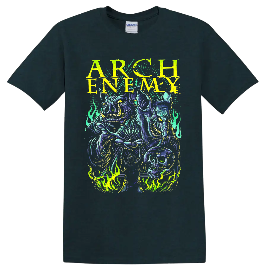 Arch Enemy neon horned skeleton, skull, flames, and distressed lettering graphic on a Midnight (Green) T Shirt