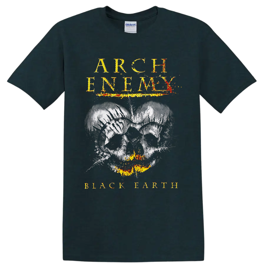 Arch Enemy Black Earth distressed skull with flames and fiery gothic lettering on a Midnight (Green) T Shirt