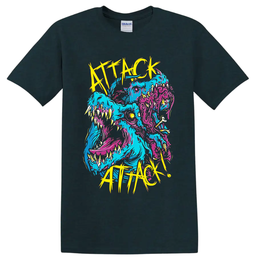 Attack Attack! neon multi-headed monster in cyan, pink, and yellow jagged horror art on a Midnight (Green) T Shirt