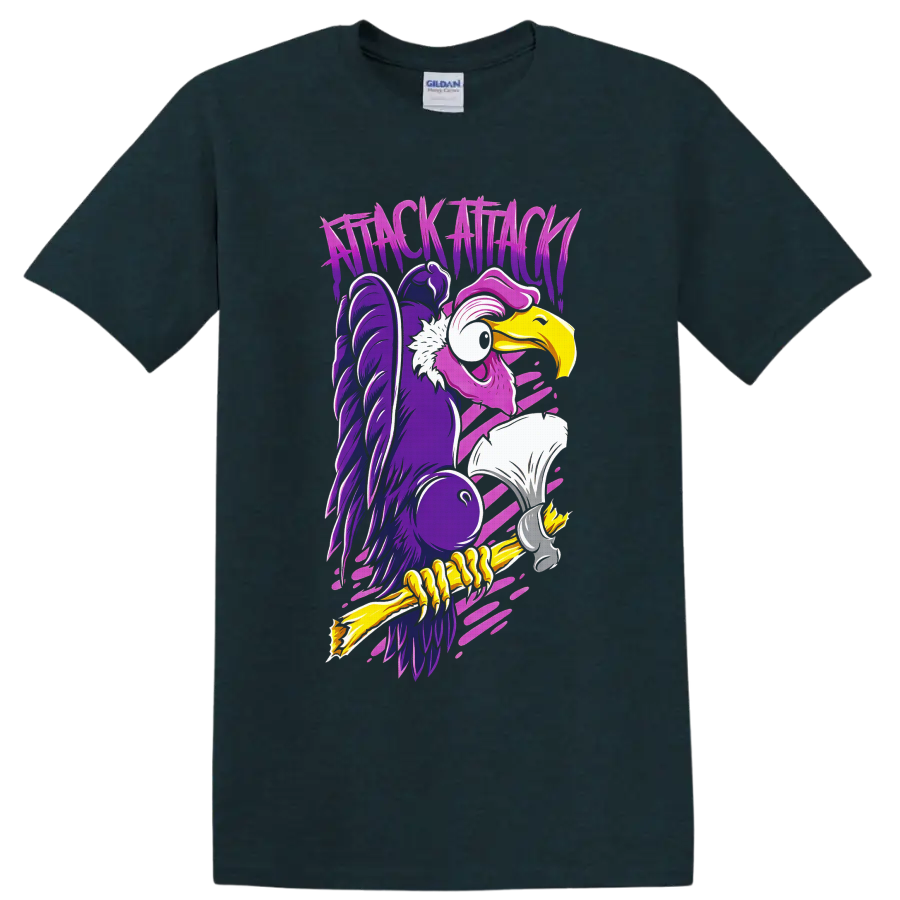 Attack Attack neon cartoon vulture with jagged lettering and pink motion streaks on a Midnight (Green) T Shirt