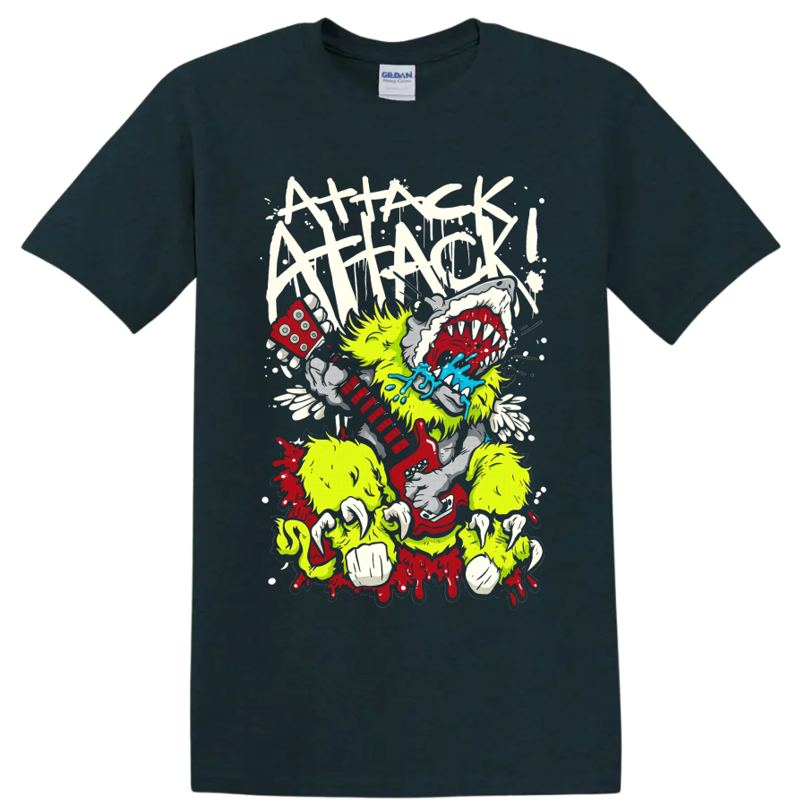 Attack Attack! neon monster holding red dice with teeth, blue splash, and paint drips on a Midnight (Green) T Shirt
