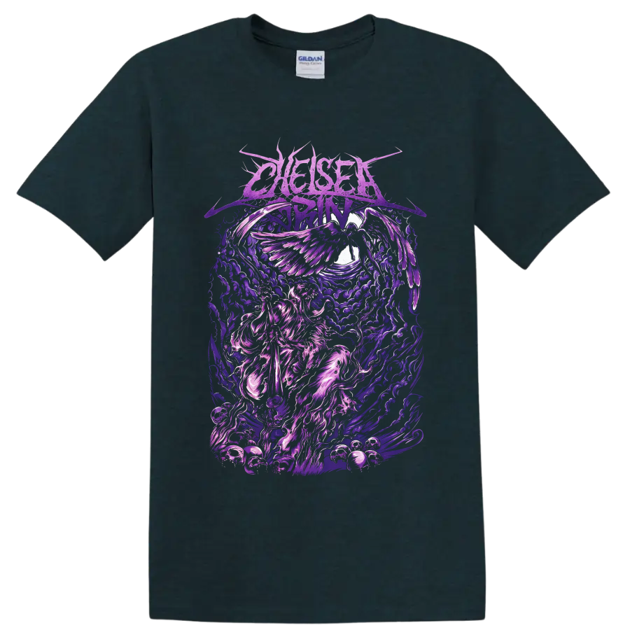Chelsea Grin gothic winged angel with ornate purple clouds and flame-like artwork on a Midnight (Green) T Shirt
