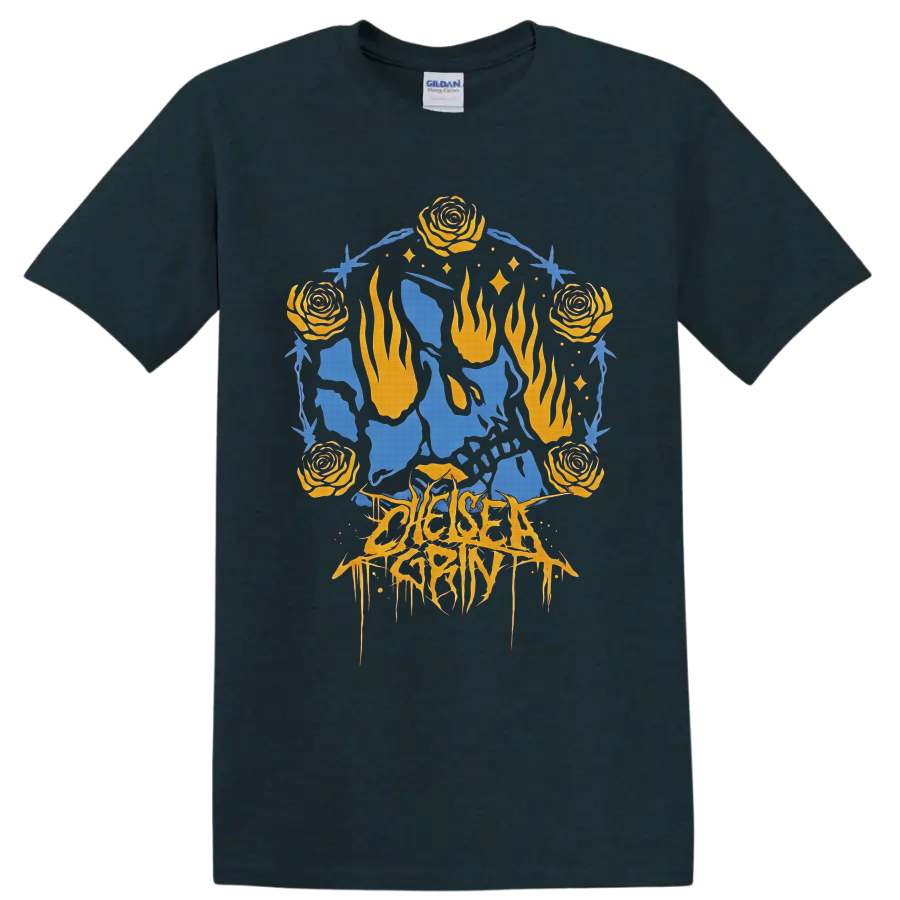 Chelsea Grin gothic graphic with orange roses, flames, blue figures, and thorny frame on a Midnight (Green) T Shirt