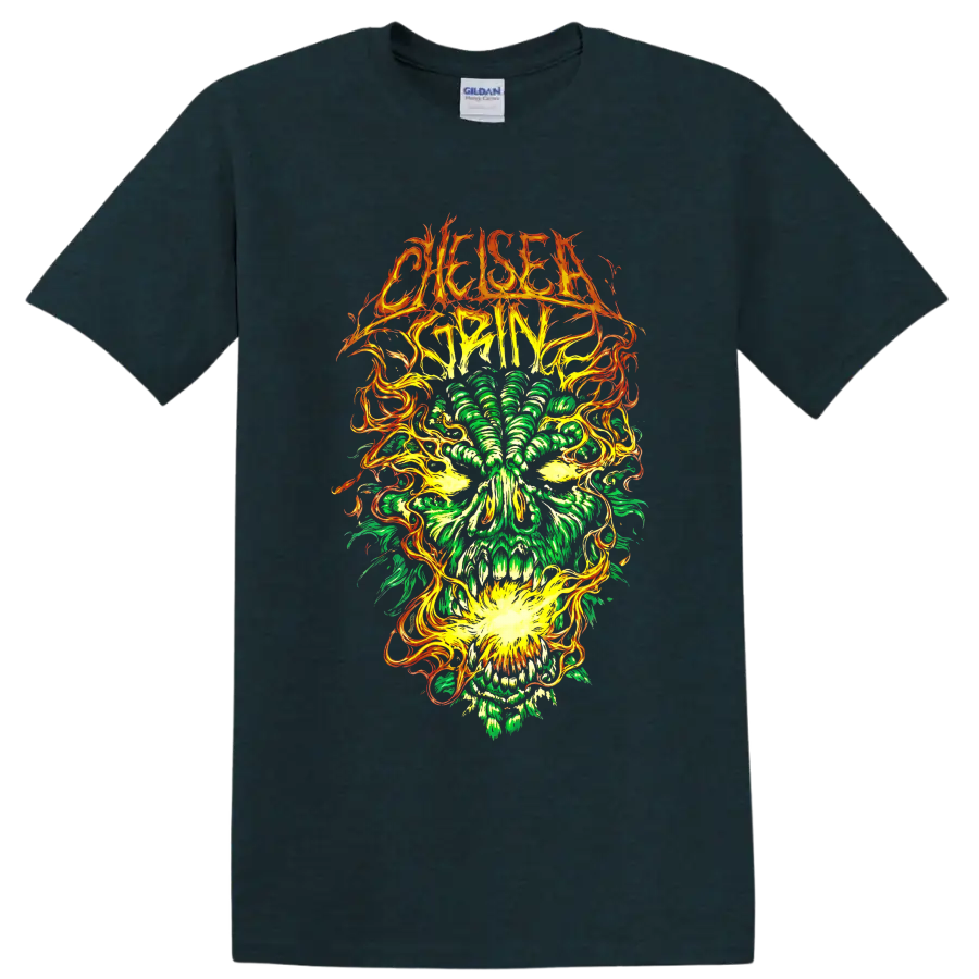 Chelsea Grin thorned logo above neon green skull with swirling orange flame artwork on a Midnight (Green) T Shirt