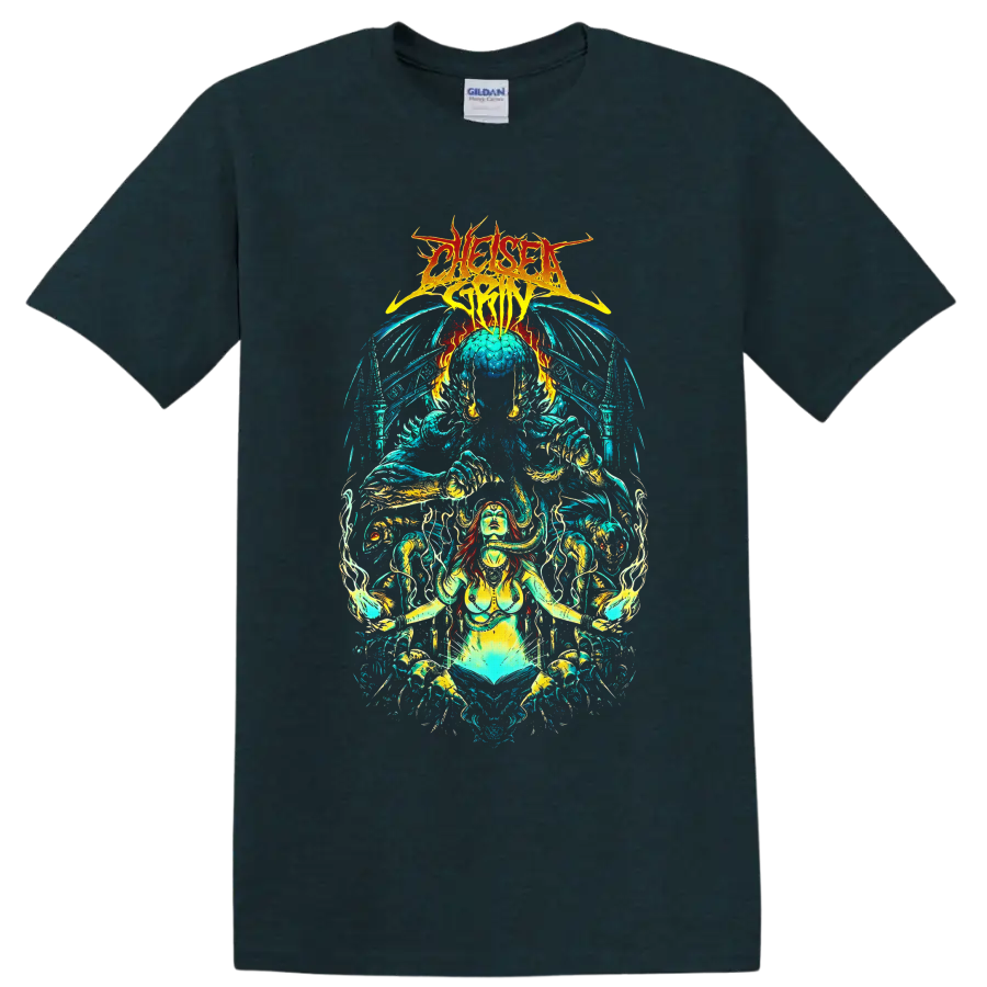 Chelsea Grin logo above psychedelic demon goddess, skeletal forms, flames, and waves on a Midnight (Green) T Shirt