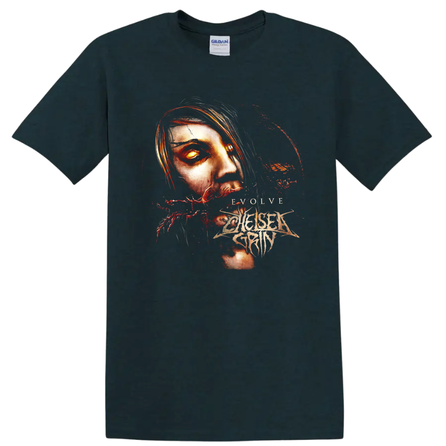 Chelsea Grin Evolve gothic face artwork with glowing eye, red splatters, and sharp logo on a Midnight (Green) T Shirt