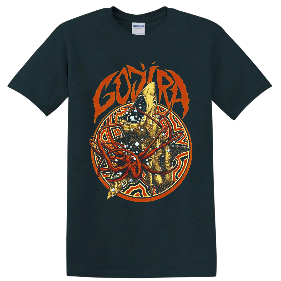 Gojira logo above a golden fish with orange orbital rings, bubbles, and geometric art on a Midnight (Green) T Shirt