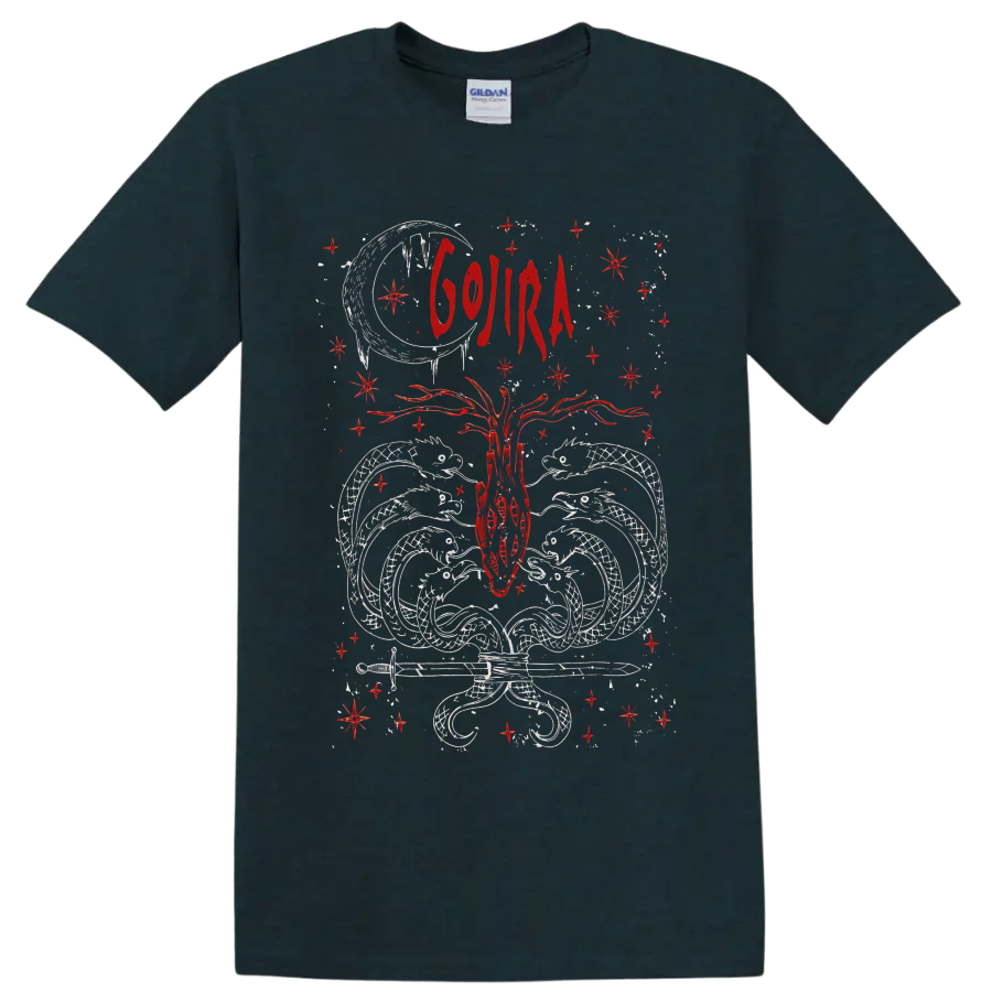Gojira sacred heart with moon, wings, stars, and red gothic celestial linework on a Midnight (Green) T Shirt