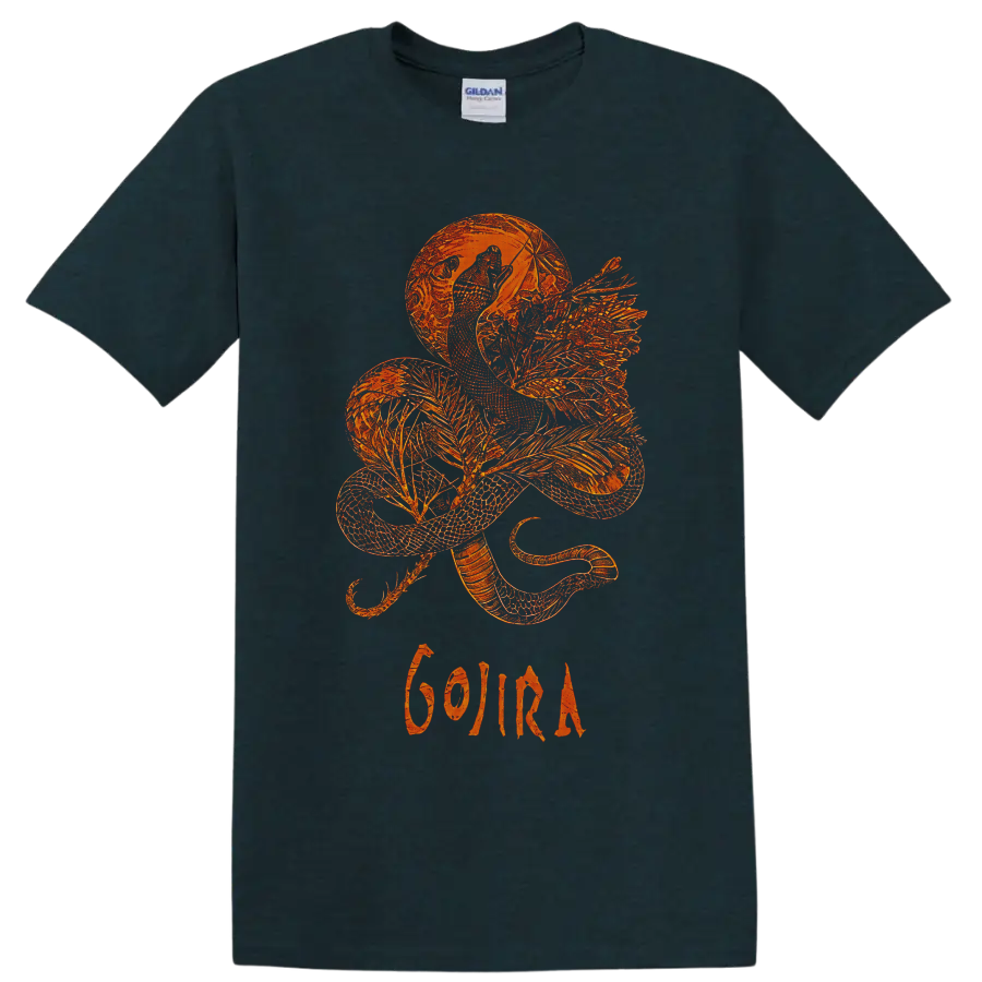 Orange winged dragon beneath a moon with Gojira lettering in intricate fantasy line art on a Midnight (Green) T Shirt