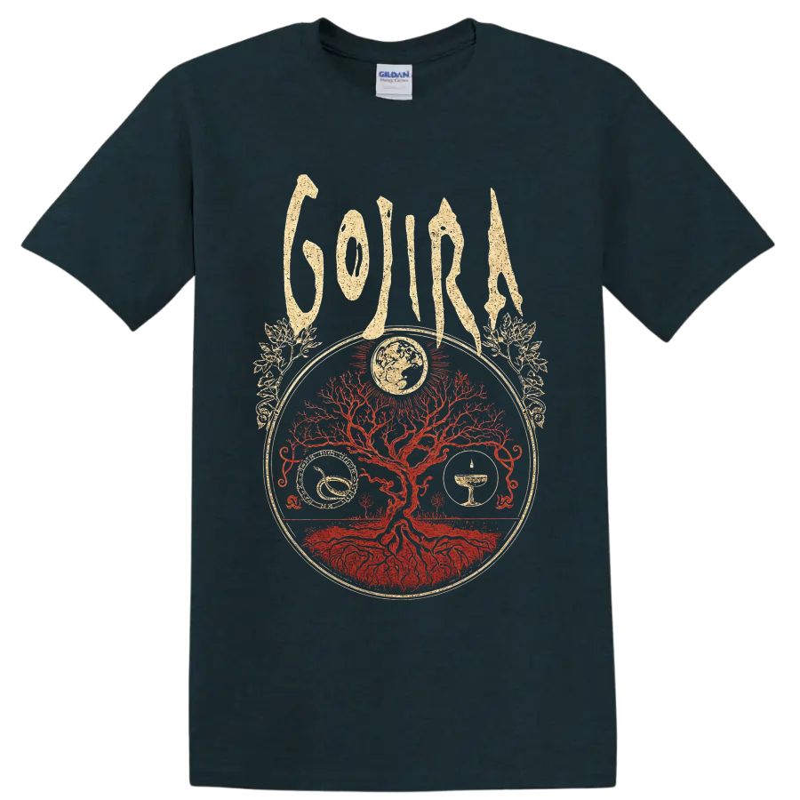 Gojira Tree of Life design with red rooted tree, globe, symbols, and distressed lettering on a Midnight (Green) T Shirt
