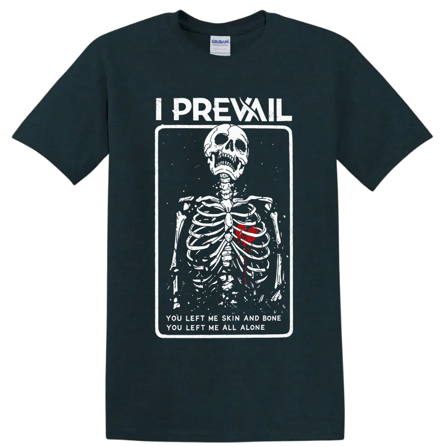 I Prevail skeleton with red heart and distressed Alone lyric graphic on a Midnight (Green) T Shirt