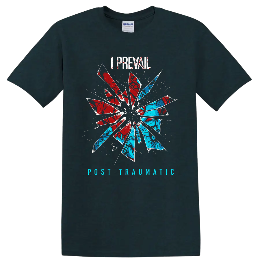 I Prevail Post Traumatic distressed text with red and blue shattered-glass burst on a Midnight (Green) T Shirt