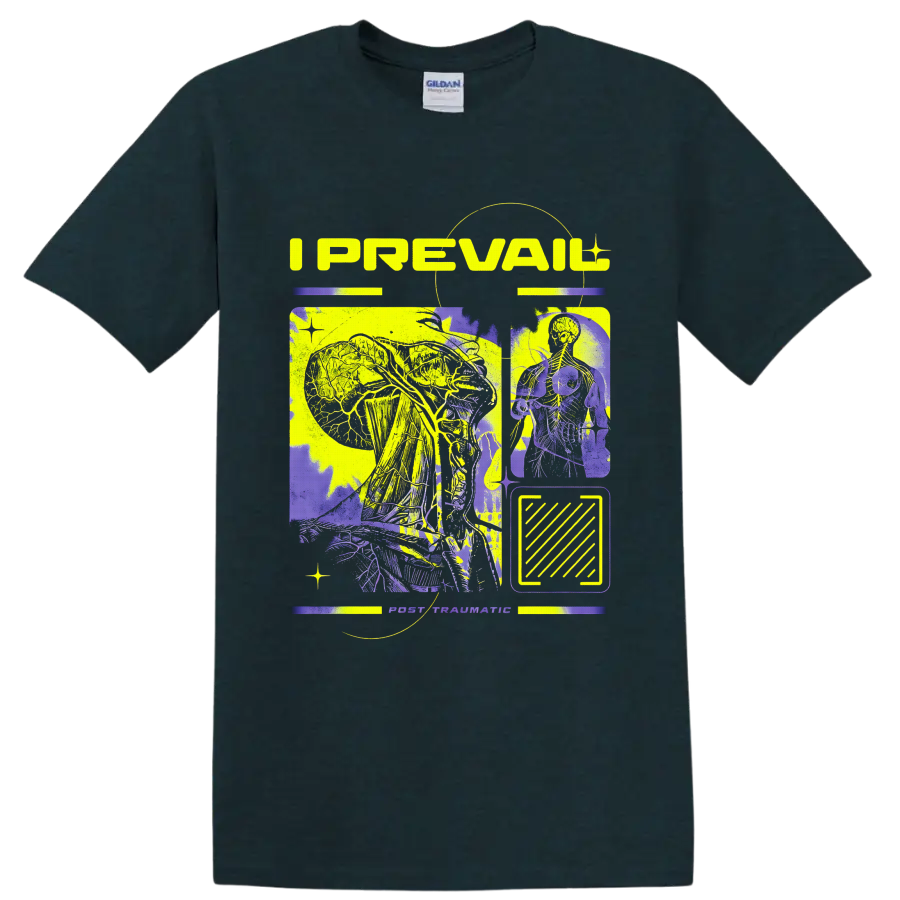 I Prevail Post Traumatic neon anatomy collage with skeletal figures and abstract panels on a Midnight (Green) T Shirt