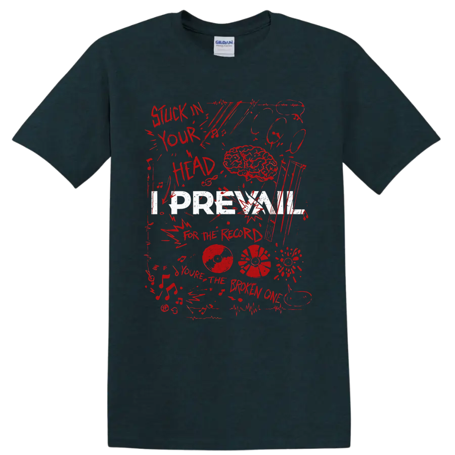 I Prevail inspired distressed brain, vinyl records, music notes, and red collage on a Midnight (Green) T Shirt