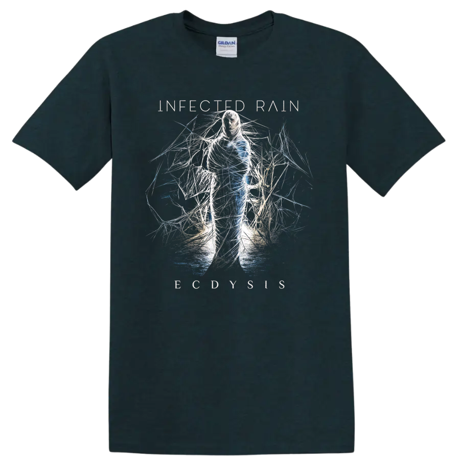 Infected Rain Ecdysis abstract figure wrapped in white and blue thread-like lines on a Midnight (Green) T Shirt