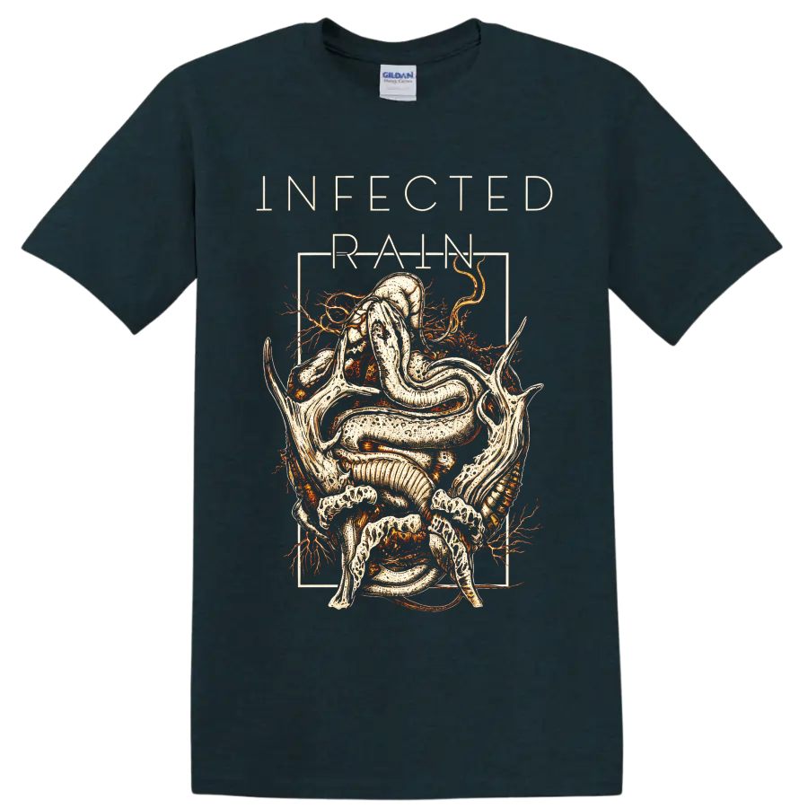 Infected Rain serpent and skeletal figure in distressed gothic line art on a Midnight (Green) T Shirt