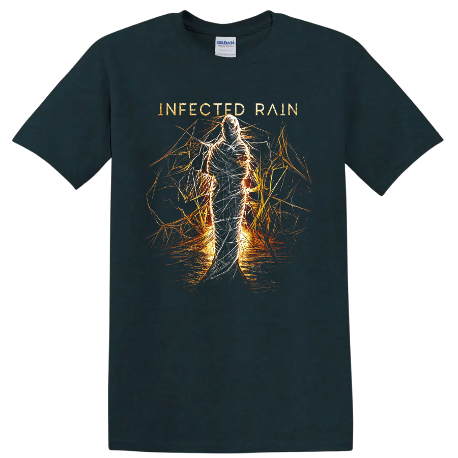 Infected Rain Ecdysis fire figure with white threads and fiery abstract linework on a Midnight (Green) T Shirt