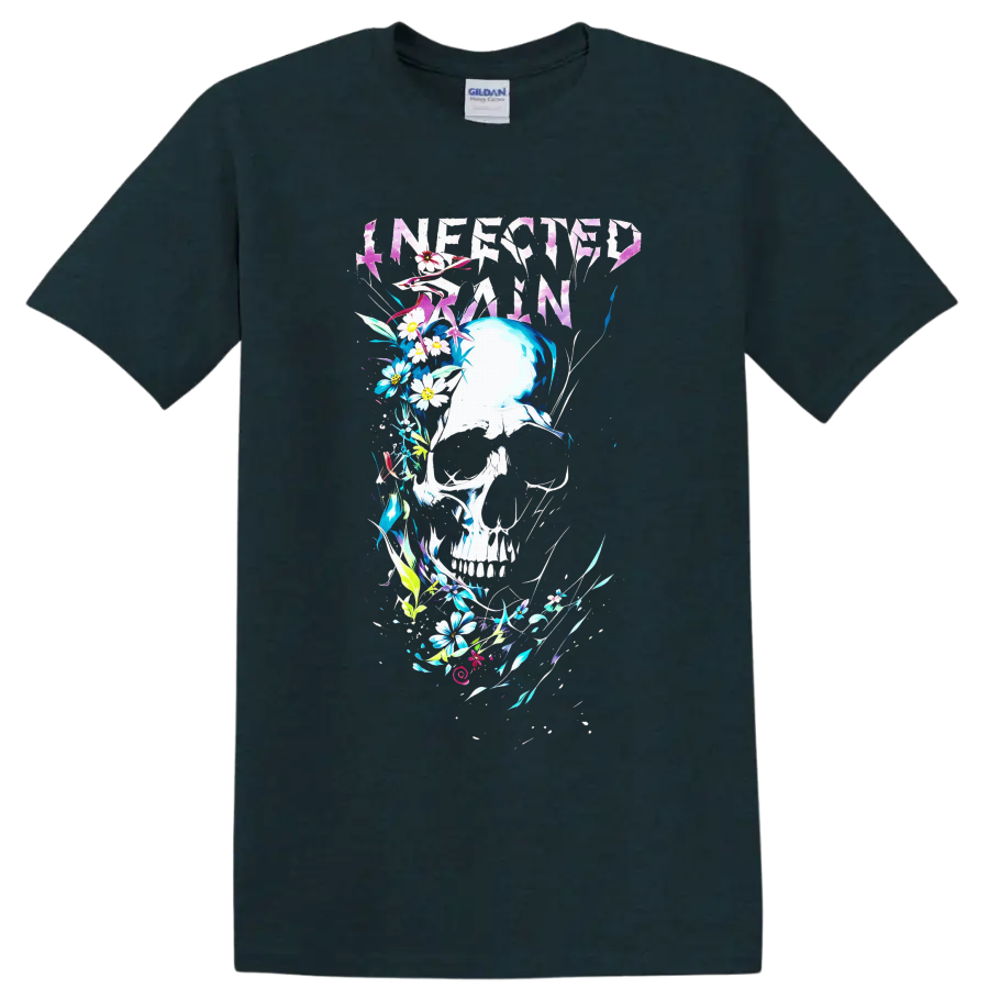 Infected Rain distressed logo above a floral skull with vivid abstract botanical accents on a Midnight (Green) T Shirt