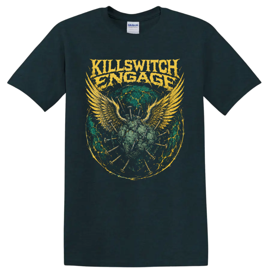 Killswitch Engage distressed logo with winged skull, nails, and cracked circular artwork on a Midnight (Green) T Shirt
