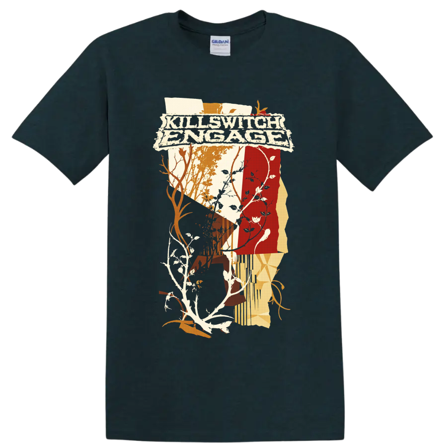 Killswitch Engage distressed logo with abstract woodland branches, vines, and warm on a Midnight (Green) T Shirt