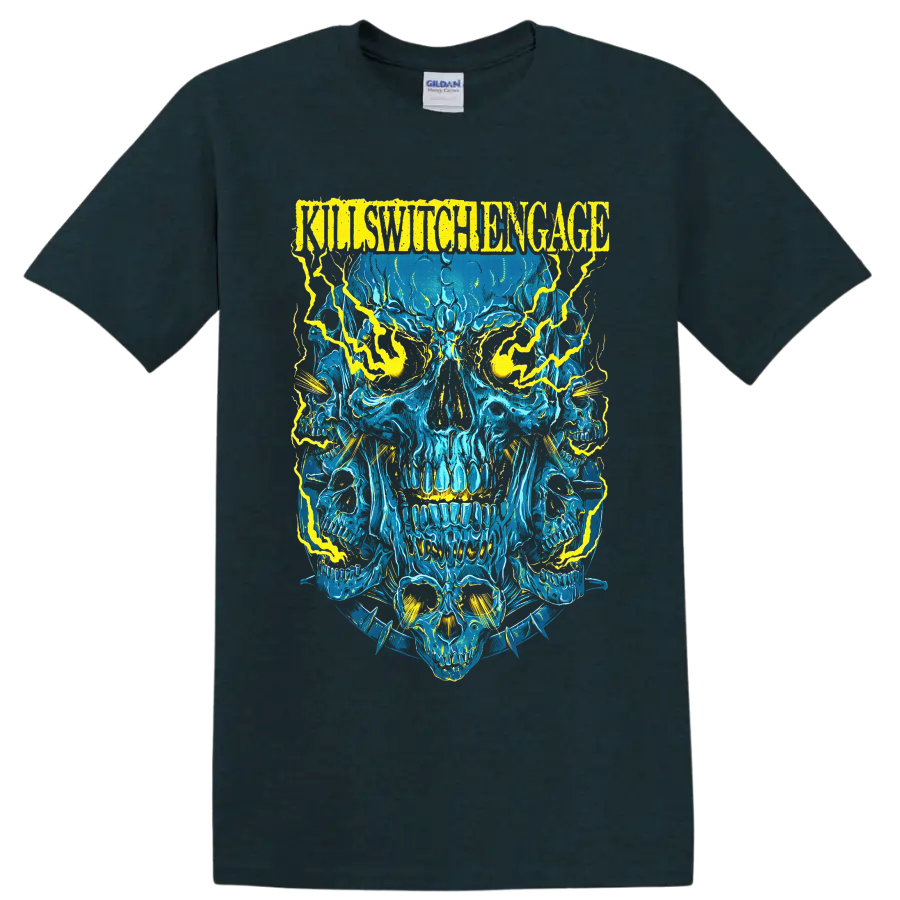 Killswitch Engage distressed logo above electric-blue skulls with yellow lightning on a Midnight (Green) T Shirt