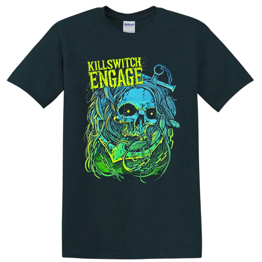 Killswitch Engage distressed skull with flowing hair, scissors, and neon metal artwork on a Midnight (Green) T Shirt