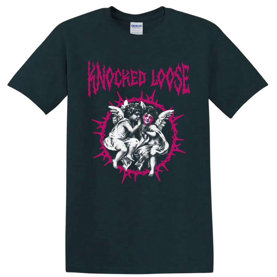 Knocked Loose gothic angel artwork with hot-pink thorn halo and jagged wordmark on a Midnight (Green) T Shirt