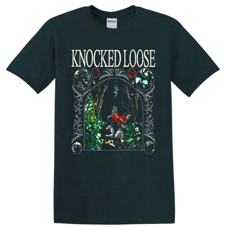 Knocked Loose gothic botanical skull and skeletal arch graphic on a Midnight (Green) T Shirt