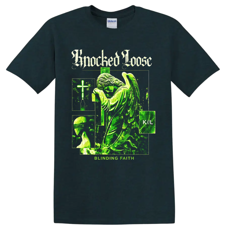 Knocked Loose Blinding Faith gothic collage with winged figure, cross, and K//L text on a Midnight (Green) T Shirt